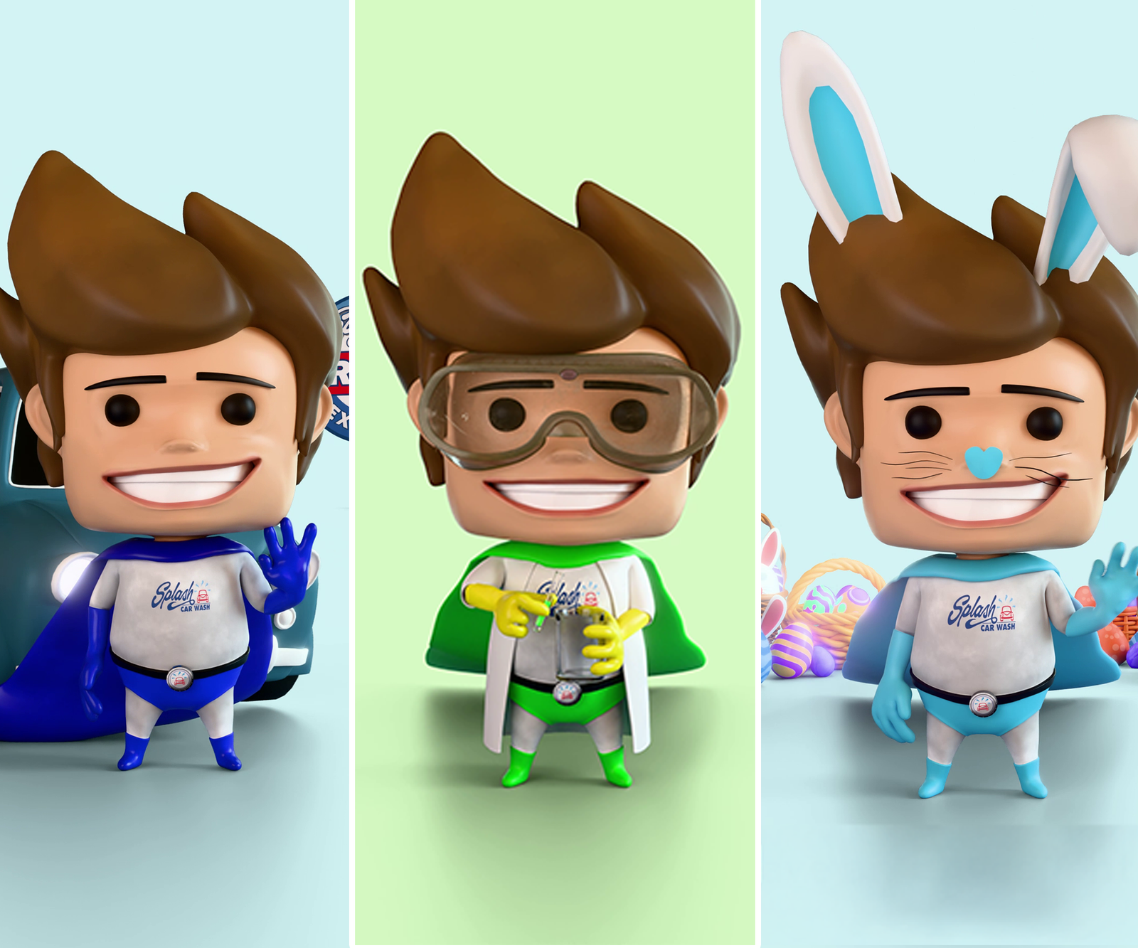 3D cute cartoon mascot character in different costumes — superhero, scientist, and Easter bunny — stylized character render by Sirius Animation Studios