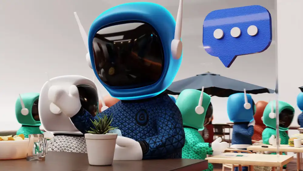 3D animated spacemen sitting in an outdoor café, chatting and interacting with floating message icons, friendly social scene, by Sirius Animation Studios