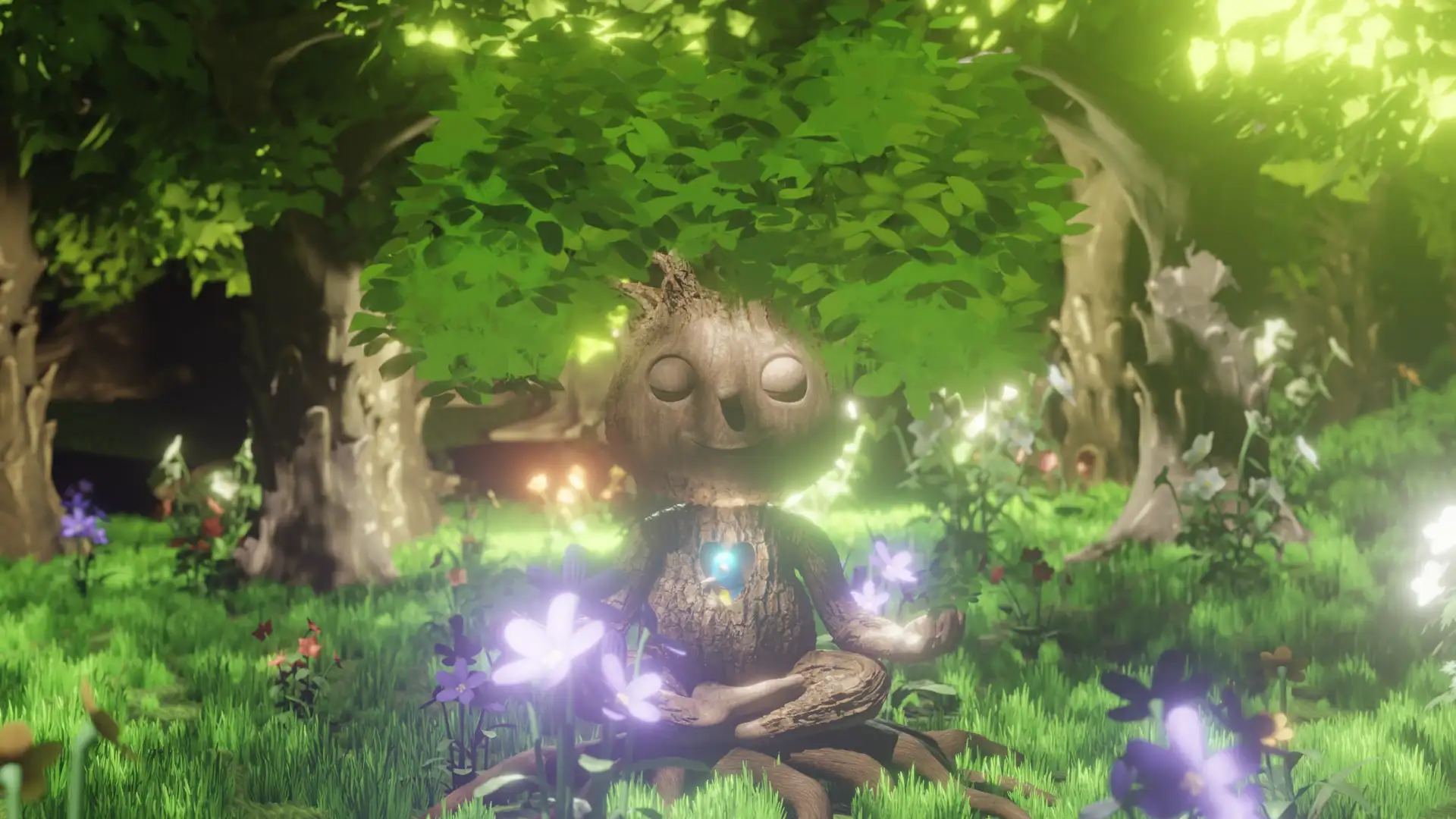3D animated tree spirit meditating in a glowing forest surrounded by magical flowers and warm sunlight, peaceful fantasy atmosphere, by Sirius Animation Studios