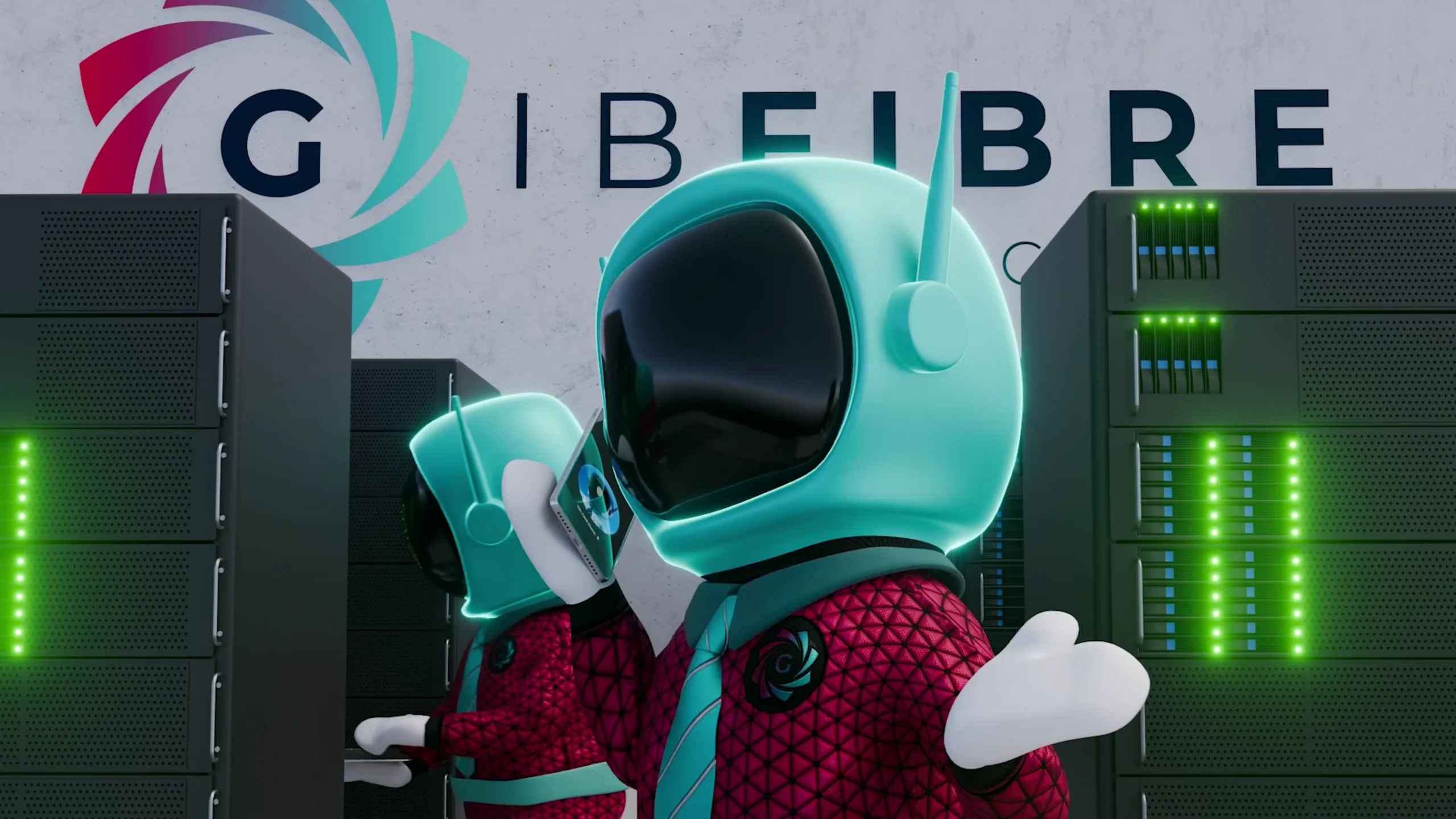 3D cute robot characters working in data center with glowing servers, futuristic IT support concept with cartoon robots, technology render by Sirius Animation Studios