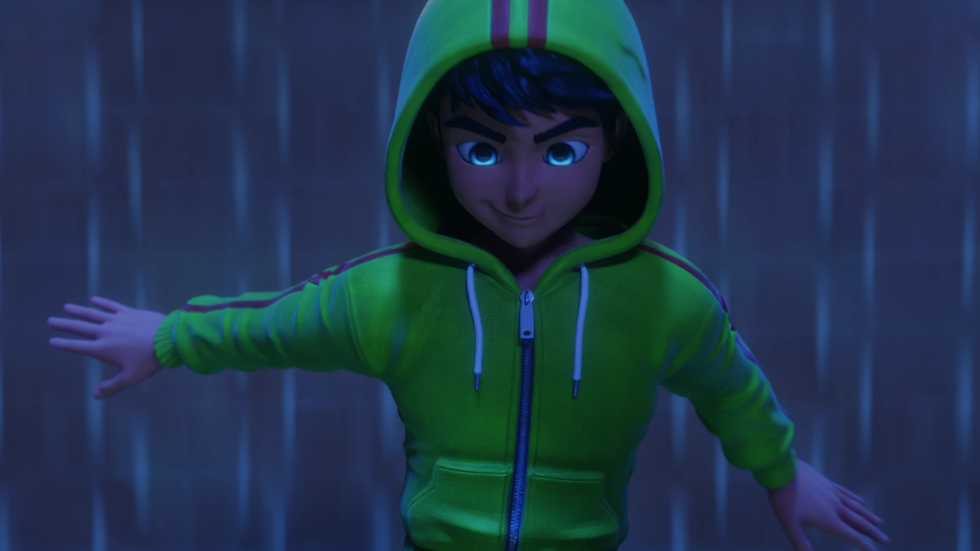 3D animated boy in a green hoodie falling with determined expression, cinematic lighting, by Sirius Animation Studios.