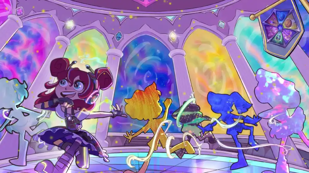 Colorful 2D animated scene of a girl with red hair running joyfully with her glowing fantasy friends inside a magical crystal hall, vibrant and dynamic atmosphere, by Sirius Animation Studios