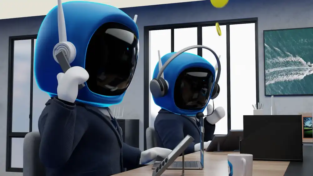 “3D animated characters with blue astronaut helmets working in an office and talking through headsets, modern business environment, by Sirius Animation Studios