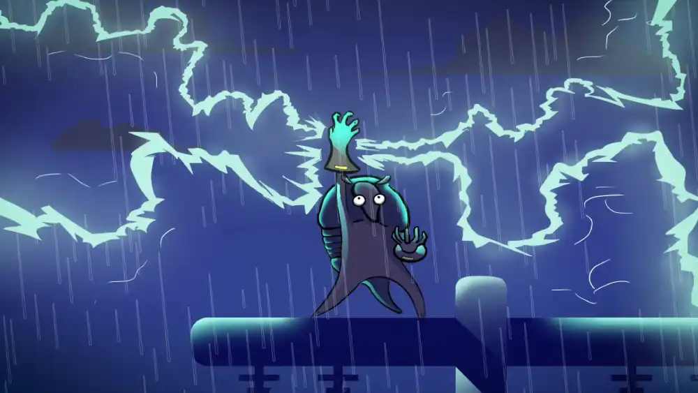2D animated armadillo standing on a rooftop during a thunderstorm, raising its glowing arm as lightning strikes behind, dramatic night scene, by Sirius Animation Studios.