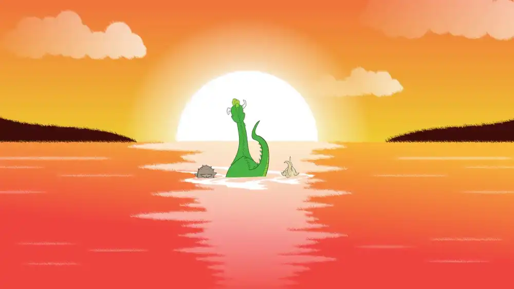 2D animated scene of a green sea monster swimming with friends toward the sunset, warm orange sky and calm water, by Sirius Animation Studios.