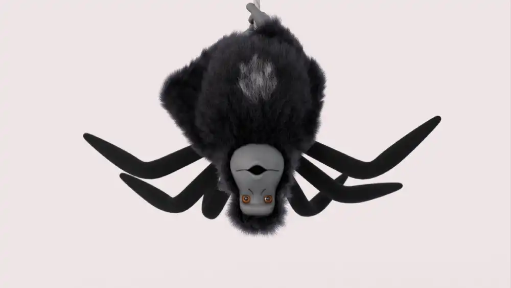 3D stylized monkey wearing a fluffy black spider costume with multiple legs, Halloween-themed character design, by Sirius Animation Studios.