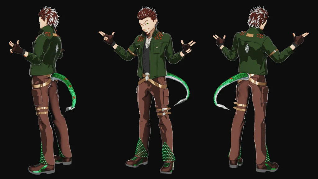 Anime-style vtuber avatar with green jacket, brown pants and a stylized tail, cartoon male streamer character by Sirius Animation Studios