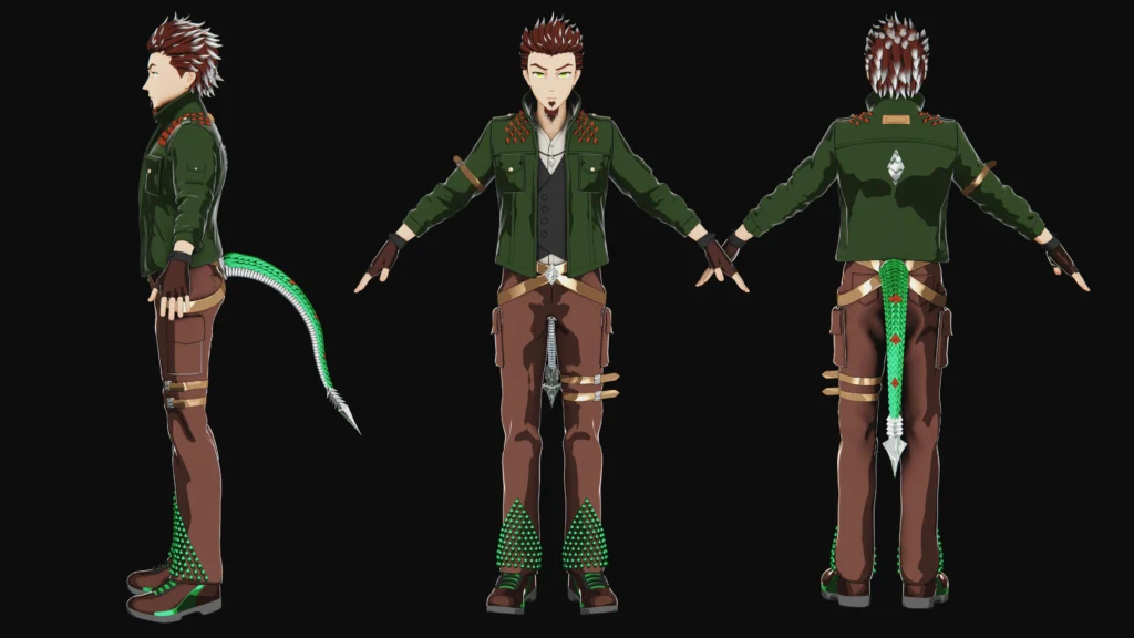 Anime-style vtuber avatar with green jacket, brown pants and a stylized tail, cartoon male streamer character by Sirius Animation Studios