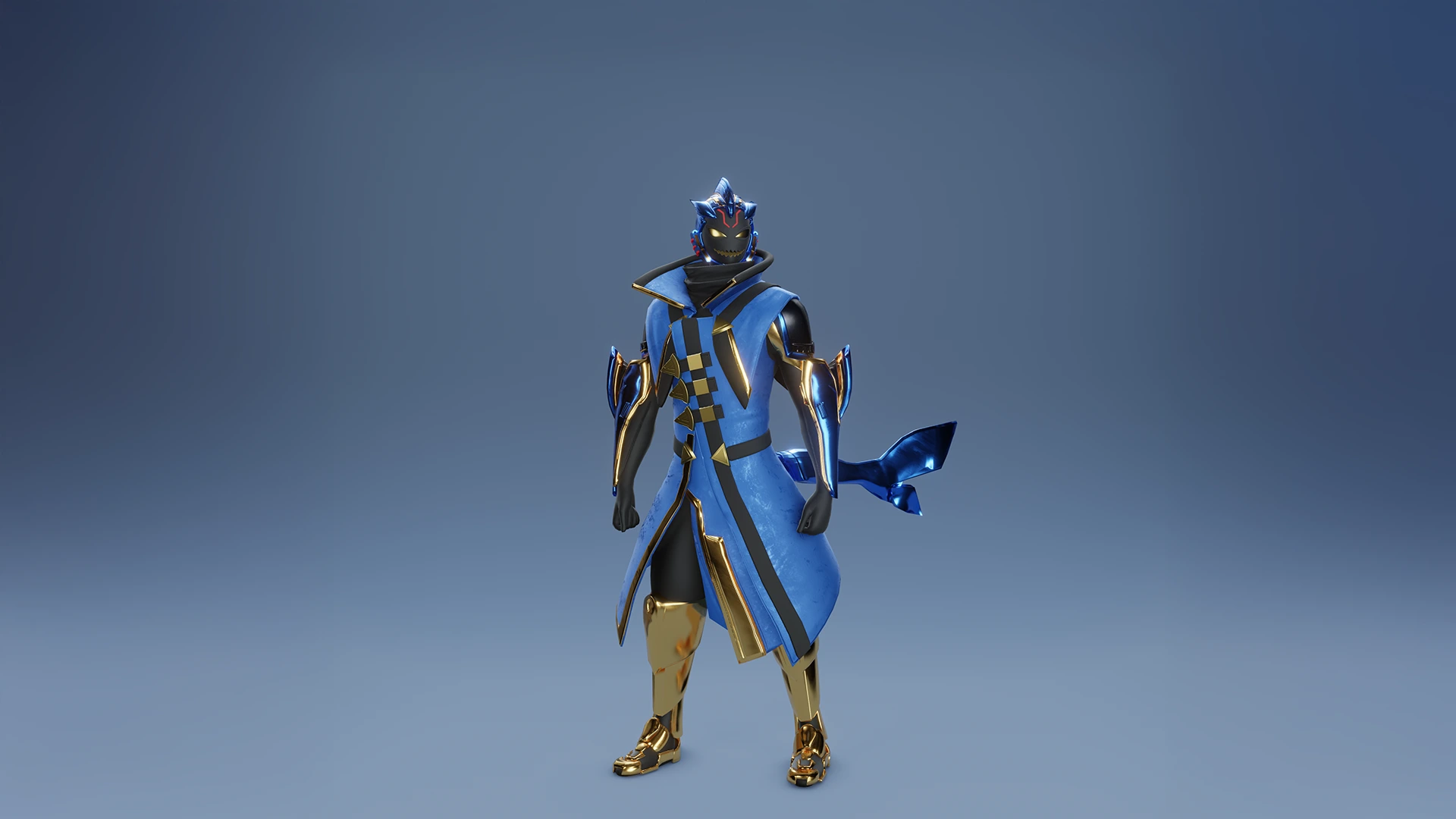 3D stylized blue and gold character render with metallic armor, long coat and glowing mask, standing in neutral pose, cinematic lighting — by Sirius Animation Studio