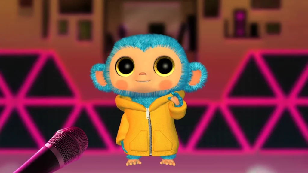 3D cute furry blue monkey character in a yellow hoodie, stylized chibi VTuber avatar with large round eyes, cinematic lighting, by Sirius Animation Studios