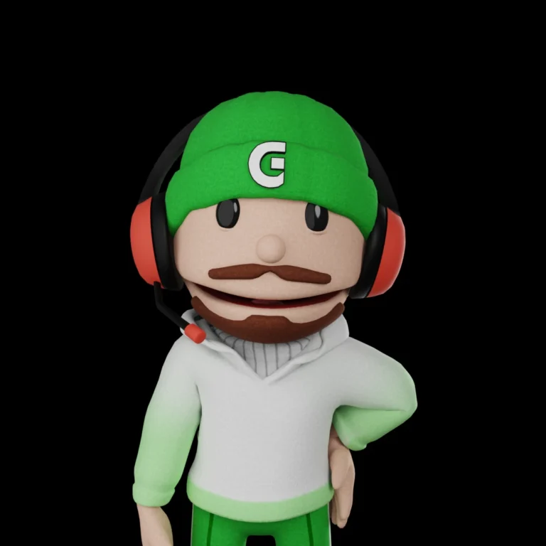 Stylized vtuber puppet avatar with green beanie, headset and hoodie, cute cartoon streamer character, cinematic lighting, streaming avatar by Sirius Animation Studios