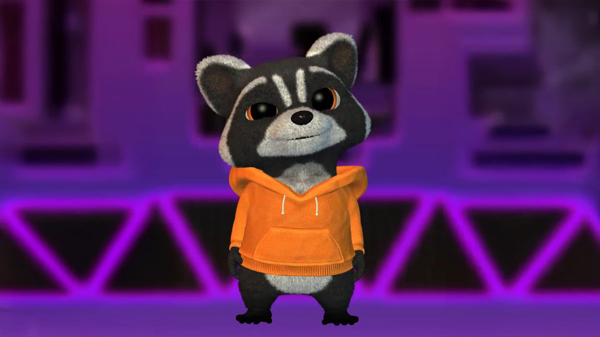 3D cute furry raccoon character in an orange hoodie, stylized chibi VTuber avatar with big expressive eyes, cinematic lighting, by Sirius Animation Studios