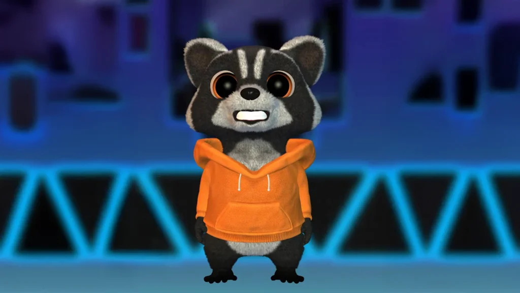 3D angry furry raccoon character in an orange hoodie, stylized chibi VTuber avatar with big expressive eyes, cinematic lighting, by Sirius Animation Studios