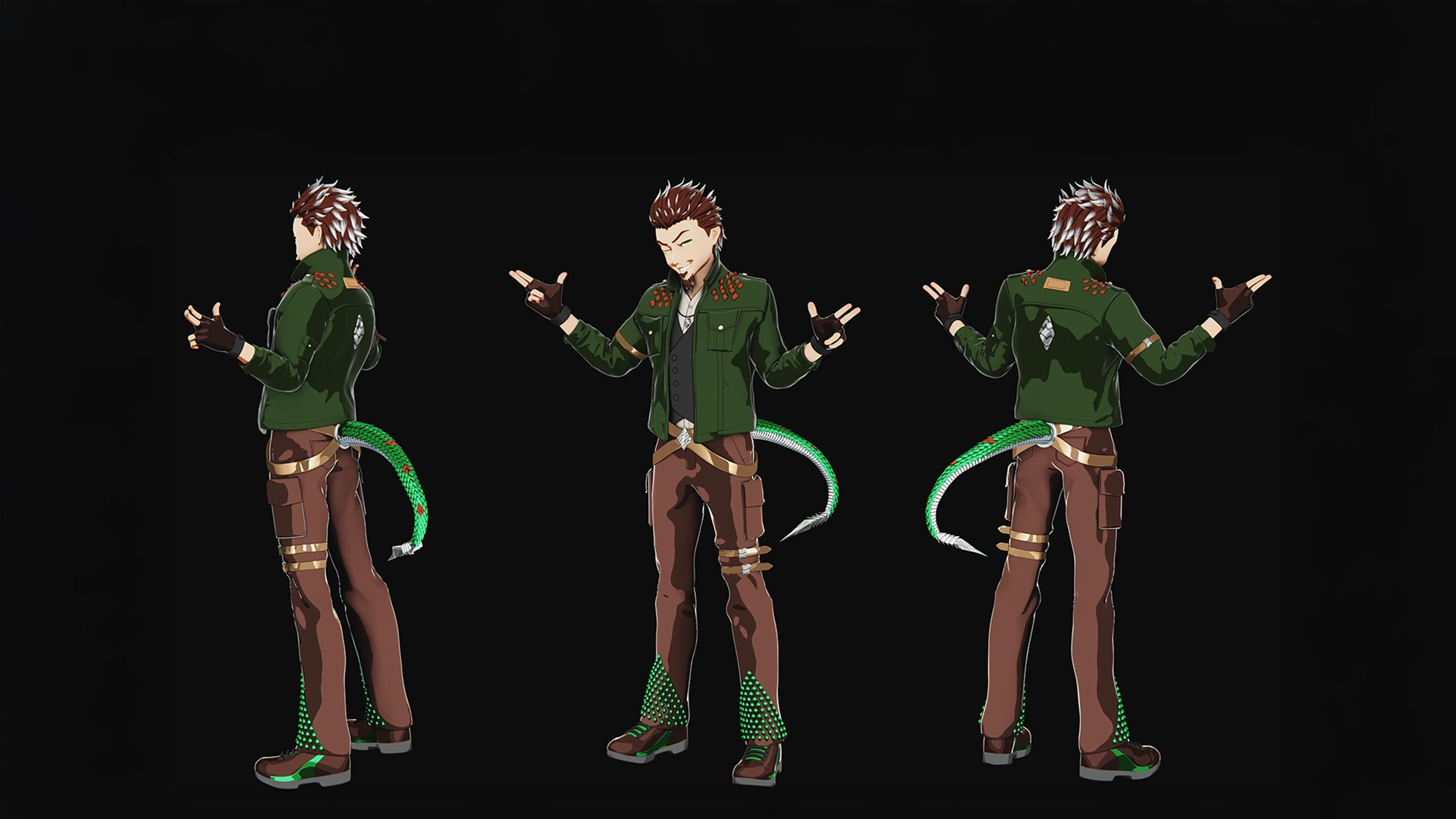 Anime-style vtuber avatar with green jacket, brown pants and a stylized tail, cartoon male streamer character by Sirius Animation Studios