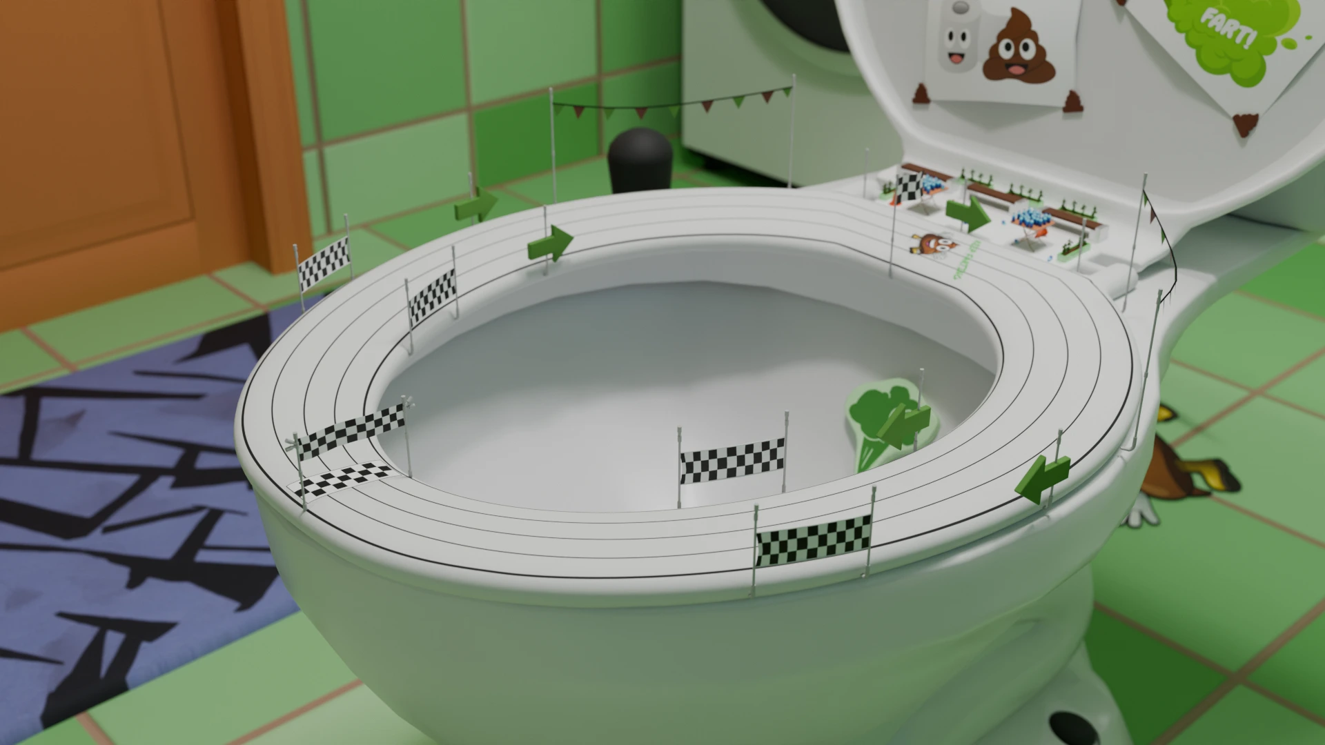 Close-up of toilet bowl race track environment from Fart Runner game by Sirius Animation Studios