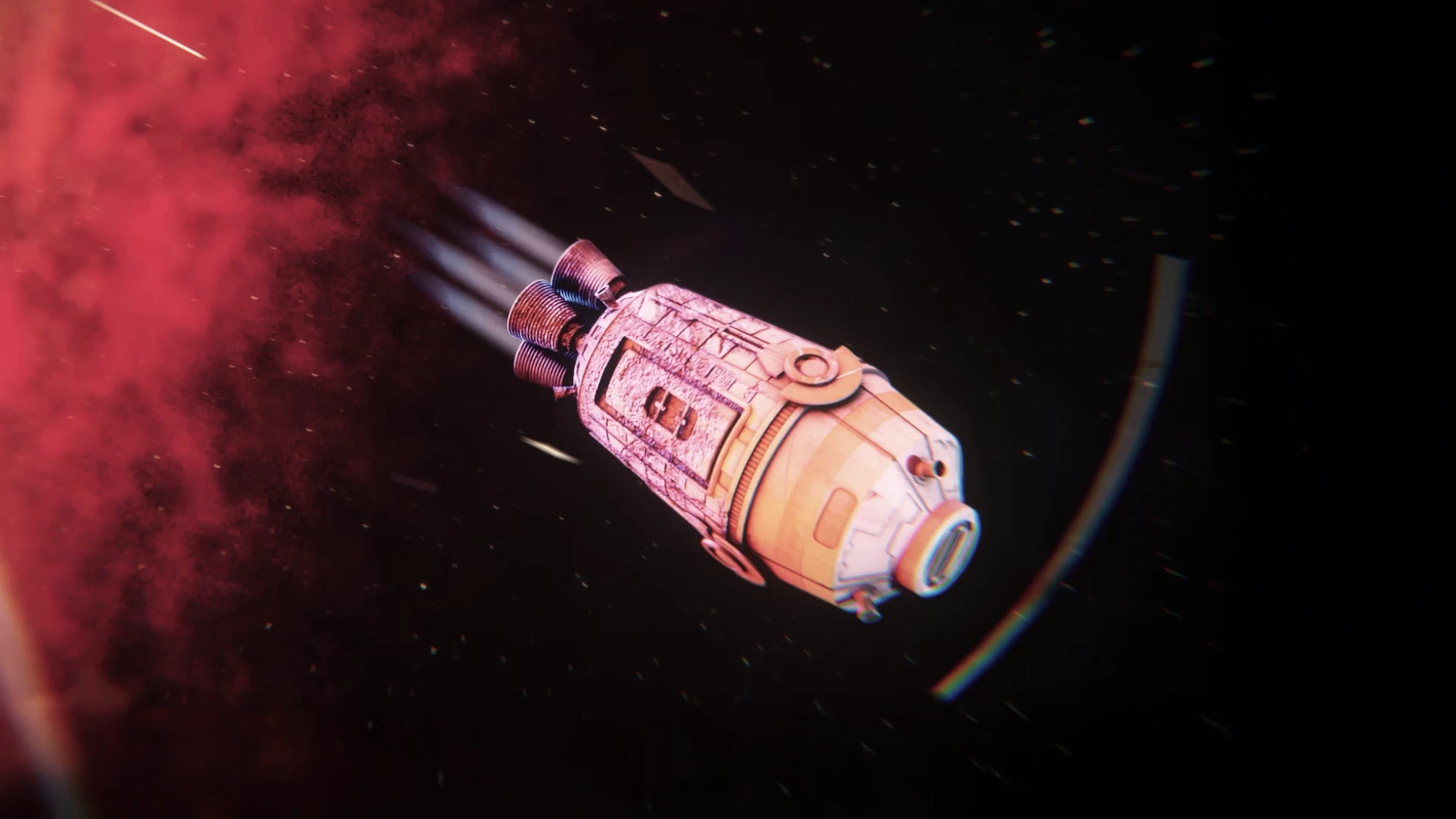 3D cinematic sci-fi spacecraft flying through deep space with red nebula and dramatic lighting, realistic CGI render by Sirius Animation Studios