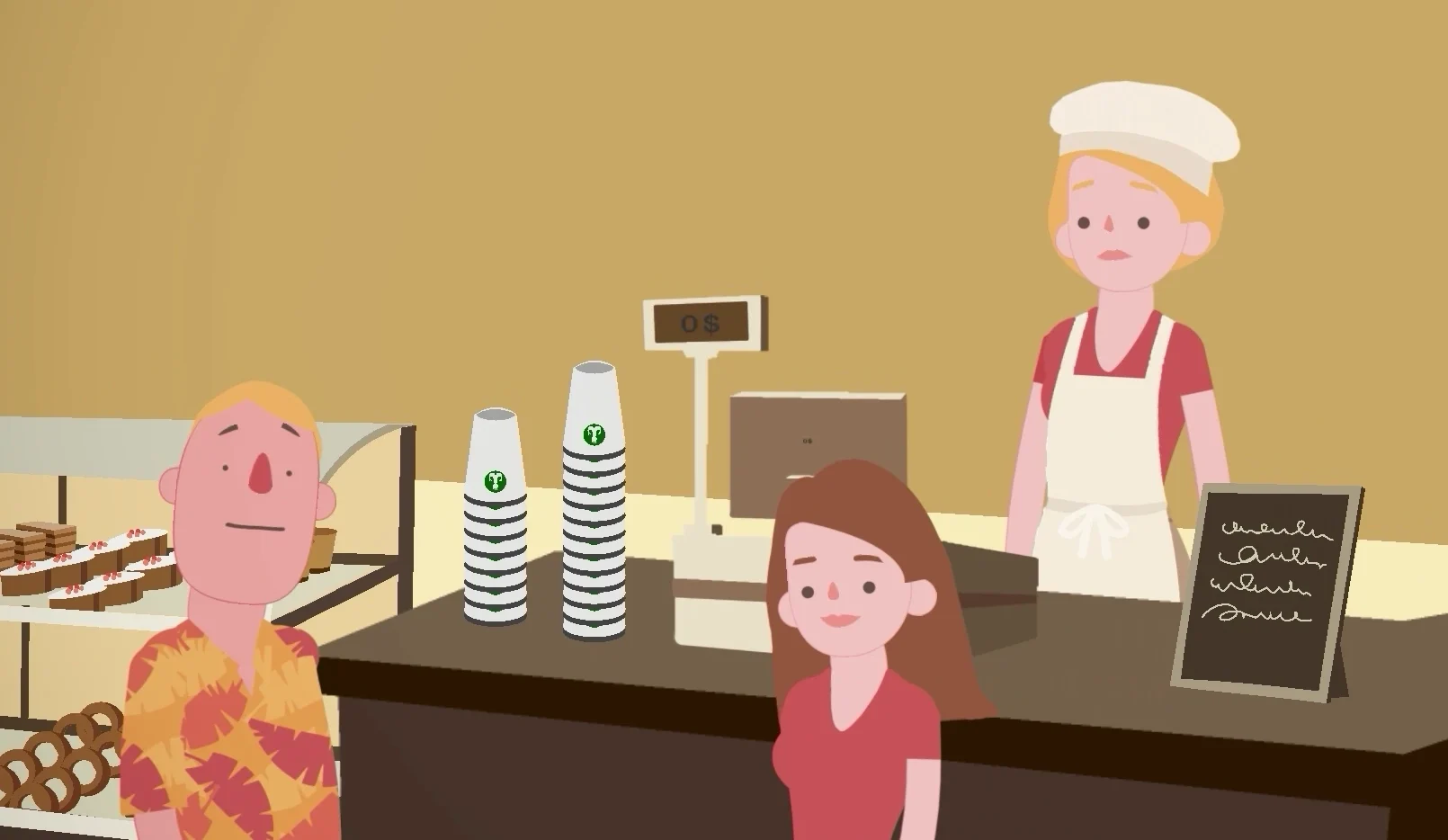 2D animated café scene from an interactive video with stylized characters and clickable choices